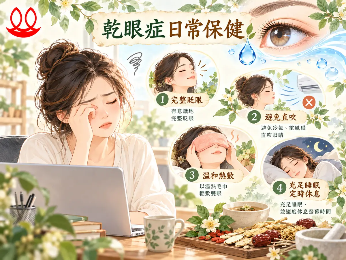 乾眼症日常保健：完整眨眼、避免冷氣直吹、溫和熱敷、充足睡眠；華良中醫診所護眼衛教插畫