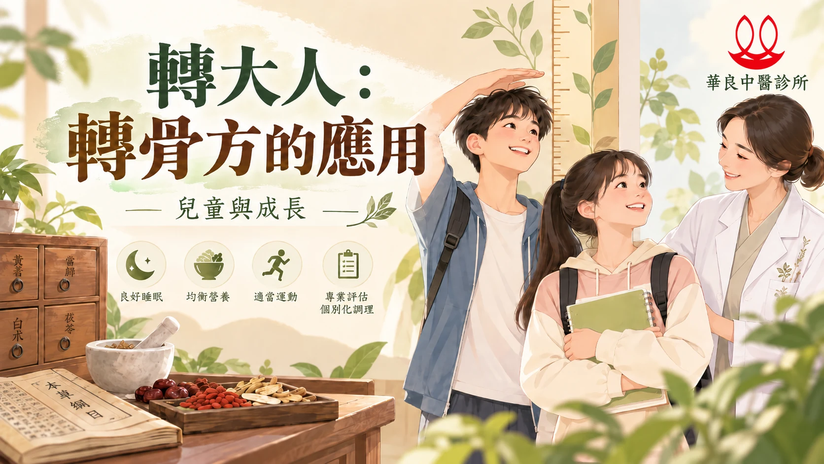 轉大人：轉骨方的應用，華良中醫診所兒童成長與青春期調理衛教圖